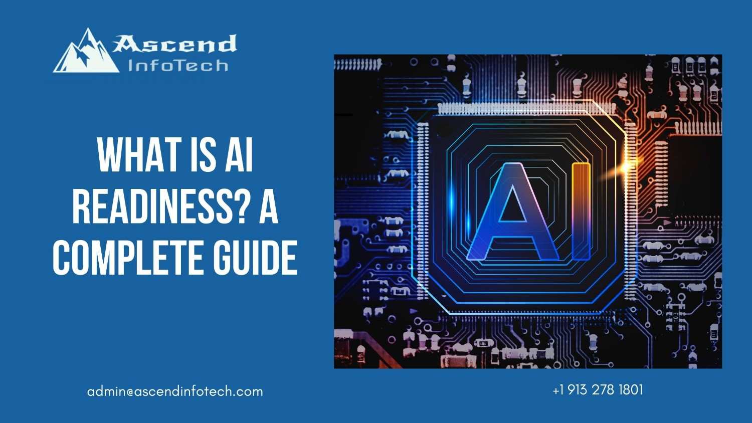 Ascend InfoTech guide title "What is AI Readiness?" next to a glowing blue AI circuit board graphic